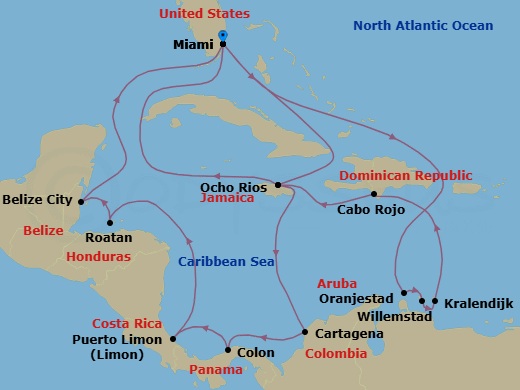 Route map: Miami Florida → Ocho Rios Jamaica → Cartagena Colombia → Colon Panama → Puerto Limon Costa Rica → Isla de Roatan Honduras → Belize City Belize → Miami Florida → Oranjestad Aruba → Willemstad Curacao