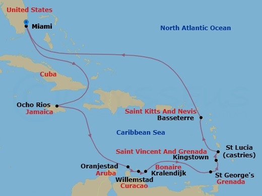 Route map: Miami → Ocho Rios → Oranjestad → Willemstad → Bonaire (Kralendijk) → St. George's → Kingstown → Castries → Basseterre → Cruisnig Bahamian Waters