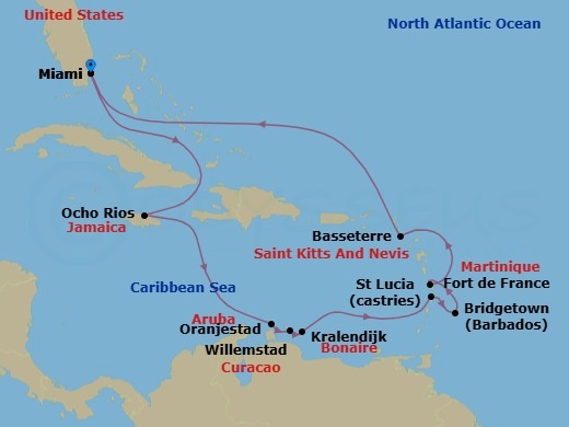 Route map: Miami → Ocho Rios → Oranjestad → Willemstad → Bonaire (Kralendijk) → Castries → Bridgetown → Fort De France → Basseterre → Miami