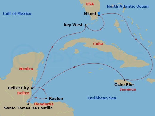 Route map: Miami → Ocho Rios → Santo Tomas → Roatan Island → Belize City → Key West → Miami