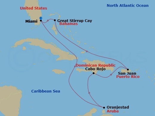 Route map: Miami, Fl → Oranjestad, Aruba → Cabo Rojo, Dominican Republic → San Juan, Pr → Great Stirrup Cay, Bahamas → Miami, Fl