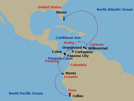 Route map: Miami, Florida → Oranjestad → Willemstad → Cartagena → Colon → Panama City (Fuerte Amador) → Manta → Callao (Lima)