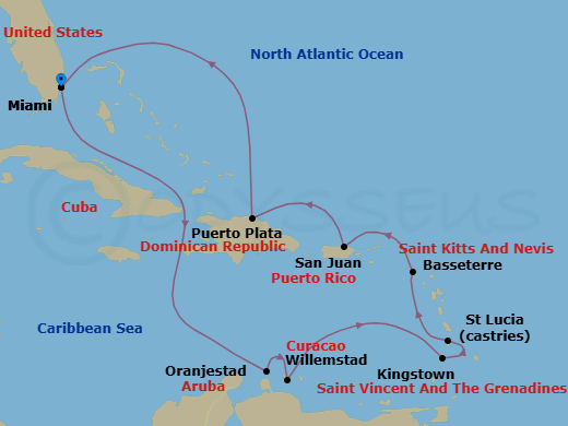 Route map: Miami → Oranjestad → Willemstad → Kingstown → Castries → Basseterre → San Juan → Puerto Plata → Miami