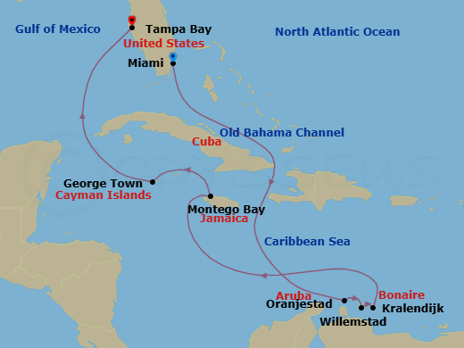 Route map: Miami → Oranjestad → Willemstad → Bonaire (Kralendijk) → Montego Bay → George Town → Tampa Bay