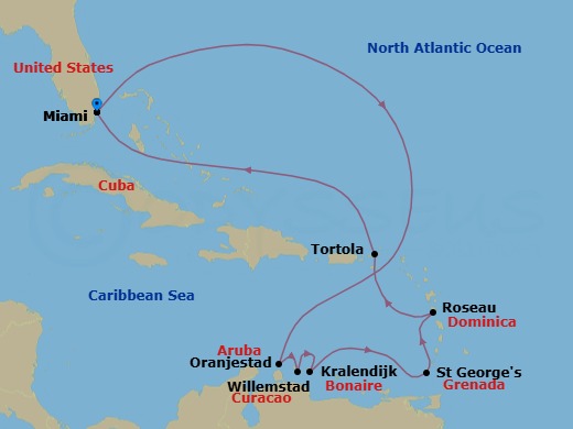 Route map: Miami → Oranjestad → Willemstad → Kralendijk → St. George's → Roseau → Tortola → Miami