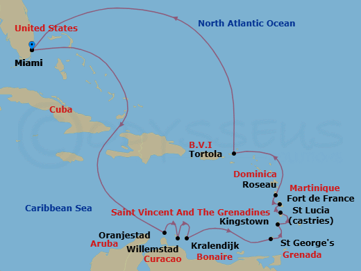 Route map: Miami → Oranjestad → Willemstad → Kralendijk → St. George's → Kingstown → Castries → Fort-De-France → Roseau → Tortola