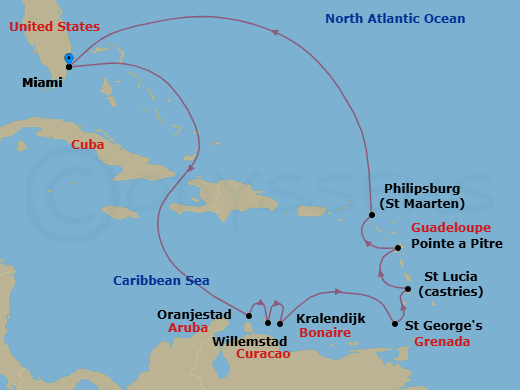 Route map: Miami → Oranjestad → Willemstad → Kralendijk → St. George's → Castries → Pointe A Pitre → Philipsburg → Miami