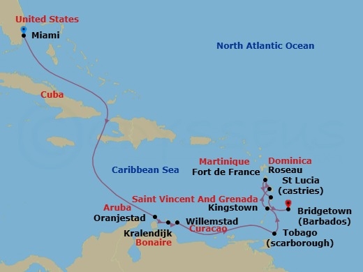 Route map: Miami → Oranjestad → Willemstad → Bonaire (Kralendijk) → Scarborough → Kingstown → Fort De France → Roseau → Castries → Bridgetown