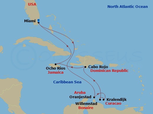 Route map: Miami Florida → Oranjestad Aruba → Kralendijk Bonaire → Willemstad Curacao → Cabo Rojo Dominican Republic → Ocho Rios Jamaica → Miami Florida