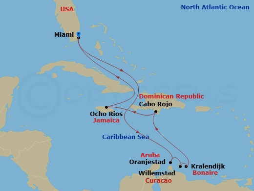 Route map: Miami Florida → Oranjestad Aruba → Willemstad Curacao → Kralendijk Bonaire → Cabo Rojo Dominican Republic → Ocho Rios Jamaica → Miami Florida