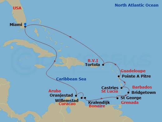 Route map: Miami → Oranjestad → Willemstad → Kralendijk → St. George's → Bridgetown → Castries → Pointe A Pitre → Tortola → Miami