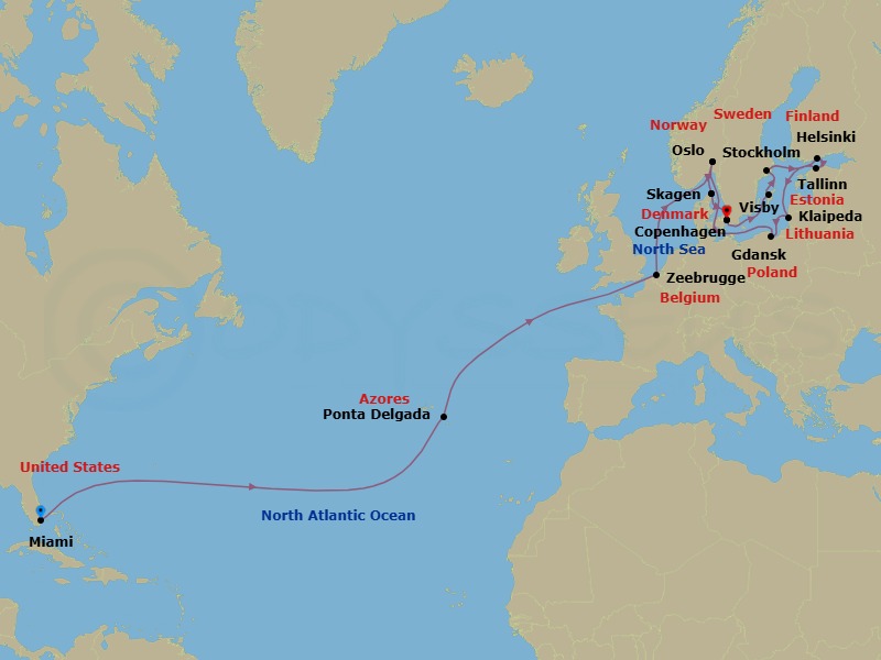 Route map: Miami, Florida → Azores Islands (Ponta Delgada), Portugal → Zeebrugge (for Brussels/Bruges), Belgium → Oslo, Norway → Skagen, Denmark → Copenhagen, Denmark → Visby, Sweden → Stockholm, Sweden → Helsinki, Finland → Tallinn, Estonia