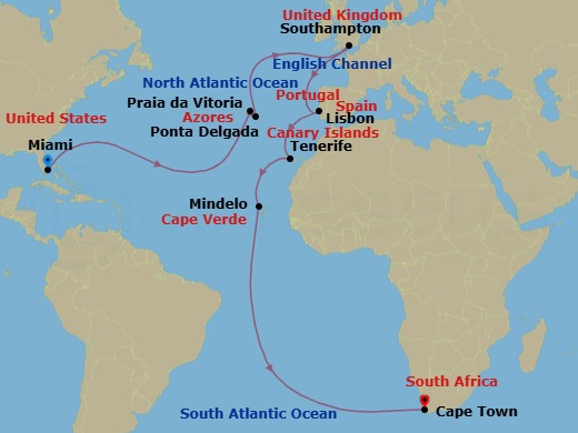 Route map: Miami, FL, USA → Praia da Vitoria, Azores,     Portugal → Ponta Delgada, Azores, Portugal → Southampton, England, UK → Lisbon, Portugal → Tenerife, Spain → Mindelo, St Vincent, Cape     Verde → Cape Town, South Africa