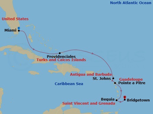 Route map: Miami → Providenciales → St. John's (Antigua) → Pointe-A-Pitre → Bequia → Bridgetown