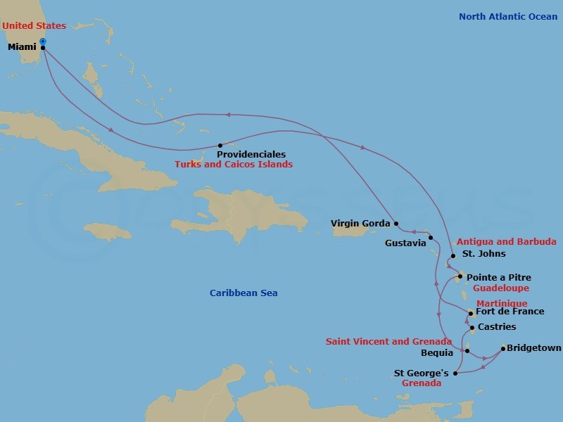 Route map: Miami → Providenciales → St. John's (Antigua) → Pointe-A-Pitre → Bequia → Bridgetown → St. George's (Grenada) → Castries → Martinique/Fort De France → Gustavia