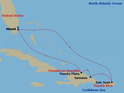 Route map: Miami, Florida → Puerto Plata, Dominican Rep → Samana, Dominican Republic → San Juan, Puerto Rico → Miami, Florida
