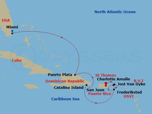 Route map: Miami → Puerto Plata, Dominican Republic → Isla Catalina → Frederiksted, Saint Croix → Charlotte Amalie (Saint Thomas) → New Year Fireworks Sju → Jost Van Dyke → San Juan