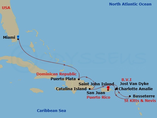 Route map: Miami → Puerto Plata, Dominican Republic → Isla Catalina → Saint John/Cruz Bay → New Year Fireworks Sju → Jost Van Dyke → Basseterre → Charlotte Amalie (Saint Thomas) → San Juan