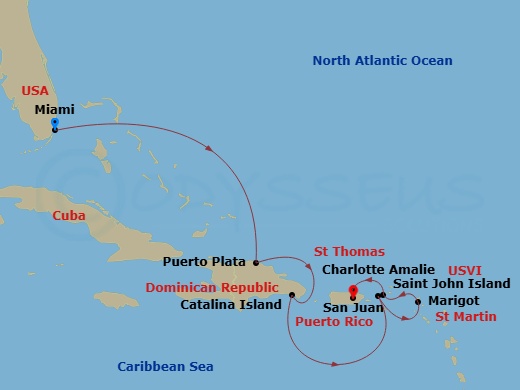 Route map: Miami → Puerto Plata, Dominican Republic → Isla Catalina → Charlotte Amalie (Saint Thomas) → Marigot → Saint John/Cruz Bay → San Juan