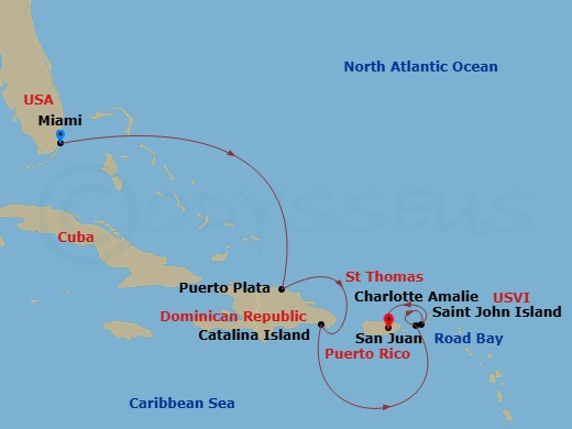 Route map: Miami → Puerto Plata, Dominican Republic → Isla Catalina → Charlotte Amalie (Saint Thomas) → Road Bay → Saint John/Cruz Bay → San Juan