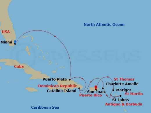 Route map: Miami → Puerto Plata, Dominican Republic → Isla Catalina → Charlotte Amalie (Saint Thomas) → St. John's (Antigua) → Marigot → San Juan