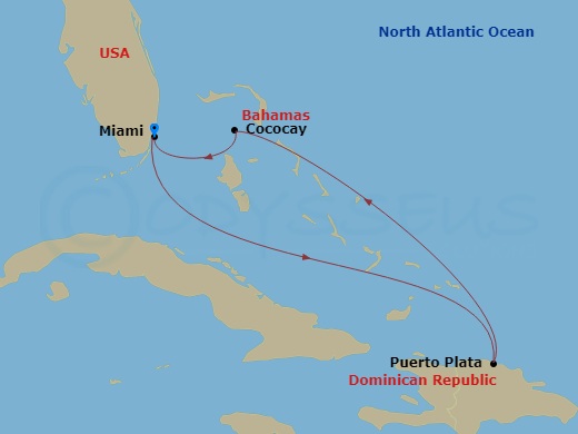 Route map: Miami, Florida → Puerto Plata, Dominican Rep → Perfect Day Cococay, Bahamas → Miami, Florida