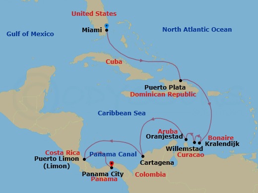 Route map: Miami → Puerto Plata → Kralendijk → Willemstad → Oranjestad → Cartagena → Puerto Limon → Panama Canal Daylight Transit → Panama City