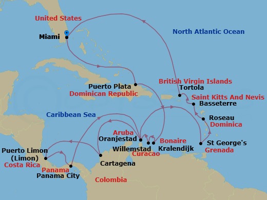 Route map: Miami → Puerto Plata → Kralendijk → Willemstad → Oranjestad → Cartagena → Puerto Limon → Panama Canal Daylight Transit → Panama City → Panama Canal Daylight Transit
