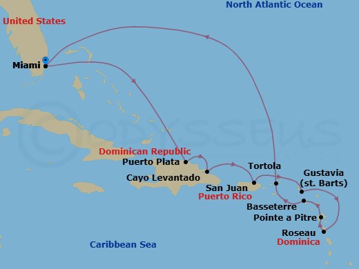 Route map: Miami → Puerto Plata → Cayo Levantado → San Juan → Gustavia → Roseau → Pointe A Pitre → Basseterre → Tortola → Miami
