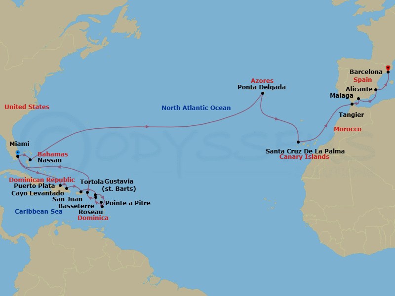 Route map: Miami → Puerto Plata → Cayo Levantado → San Juan → Gustavia → Roseau → Pointe A Pitre → Basseterre → Tortola → Miami