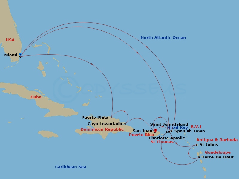Route map: Miami → Puerto Plata, Dominican Republic → Cayo Levantado, Dominican Republic → San Juan → Spanish Town (Virgin Gorda) → Road Bay → Miami → Saint John/Cruz Bay → St. John's (Antigua) → Terre-De-Haut