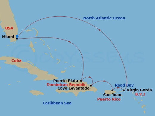 Route map: Miami → Puerto Plata, Dominican Republic → Cayo Levantado, Dominican Republic → San Juan → Spanish Town (Virgin Gorda) → Road Bay → Miami