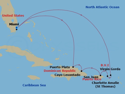 Route map: Miami → Puerto Plata, Dominican Republic → Cayo Levantado, Dominican Republic → San Juan → Charlotte Amalie (Saint Thomas) → Spanish Town (Virgin Gorda) → Miami