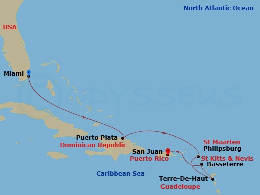 Route map: Miami → Puerto Plata, Dominican Republic → St. Maarten/Philipsburg → Terre-De-Haut → Basseterre → San Juan