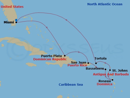 Route map: Miami → Puerto Plata → San Juan → Basseterre → Roseau → St. John's → Tortola → Miami