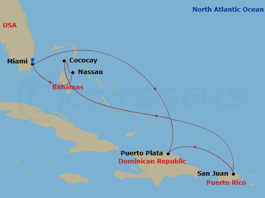 Route map: Miami, Florida → Puerto Plata, Dominican Rep → San Juan, Puerto Rico → Perfect Day Cococay, Bahamas → Nassau, Bahamas → Miami, Florida
