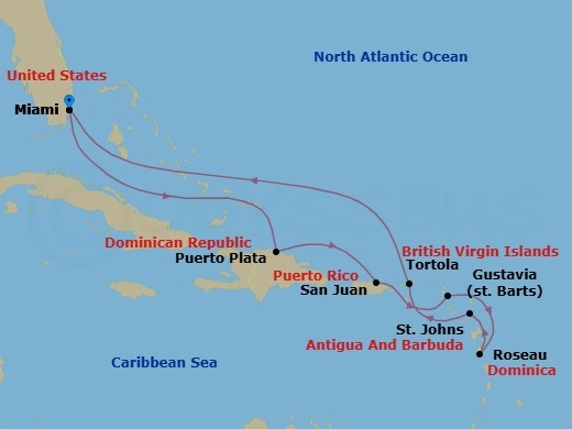 Route map: Miami → Cruisnig Bahamian Waters → Puerto Plata → San Juan → Gustavia → Roseau → St. John's → Tortola → Cruisnig Bahamian Waters → Miami