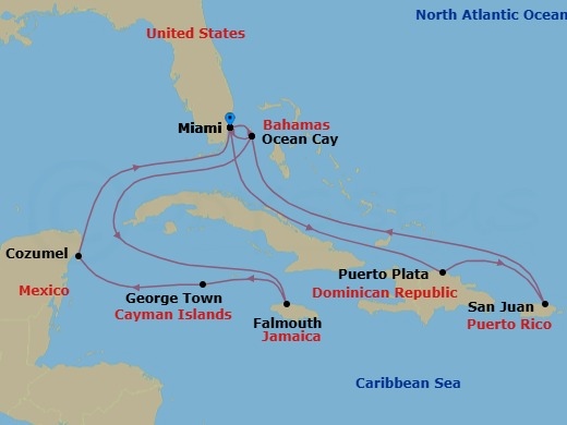Route map: Miami → Puerto Plata RApublique Dominicaine → San Juan → Ocean Cay → Miami → Ocean Cay → Falmouth → George Town → Cozumel → Miami