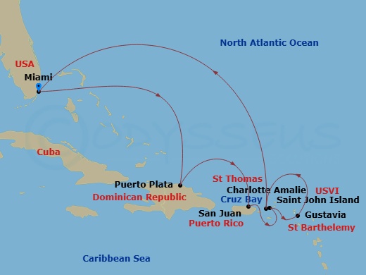 Route map: Miami → Puerto Plata, Dominican Republic → San Juan → Saint John/Cruz Bay → Gustavia → Charlotte Amalie (Saint Thomas) → Miami