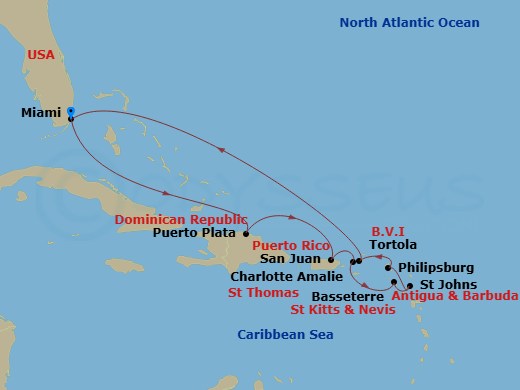 Route map: Miami → Puerto Plata → San Juan → Charlotte Amalie → Basseterre → St. John's → Philipsburg → Tortola → Miami