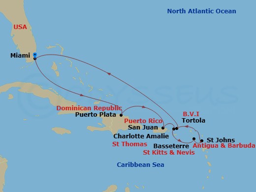 Route map: Miami → Puerto Plata → San Juan → Charlotte Amalie → Basseterre → St. John's → Tortola → Miami