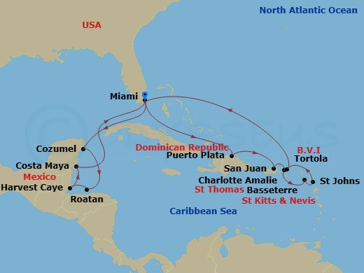 Route map: Miami → Puerto Plata → San Juan → Charlotte Amalie → Basseterre → St Johns → Tortola → Miami → Cozumel → Roatan