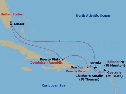 Route map: Miami → Puerto Plata → San Juan → Charlotte Amalie → Philipsburg → Gustavia → Tortola → Miami