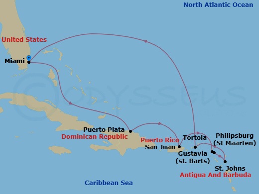 Route map: Miami → Puerto Plata → San Juan → Philipsburg → Gustavia → St. John's → Tortola → Miami
