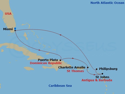 Route map: Miami Florida → Puerto Plata Dominican Republic → Charlotte Amalie (St. Thomas) Virgin Islands → St. John's Antigua and Barbuda → Philipsburg St. Maarten → Miami Florida