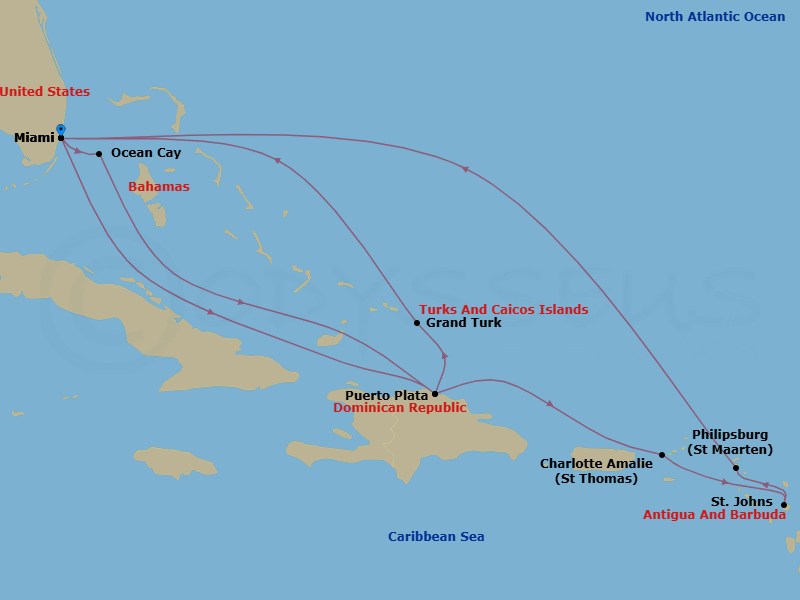 Route map: Miami Florida → Puerto Plata Dominican Republic → Charlotte Amalie (St. Thomas) Virgin Islands → St. John's Antigua and Barbuda → Philipsburg St. Maarten → Miami Florida → Ocean Cay MSC Marine Reserve Bahamas → Puerto Plata Dominican Republic → Grand Turk Island Turks and Caicos → Miami Florida