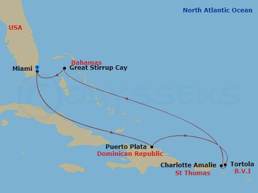 Route map: Miami, Fl → Puerto Plata, Dominican Republic → Tortola, British Virgin Islands → St Thomas, Vi → Great Stirrup Cay, Bahamas → Miami, Fl
