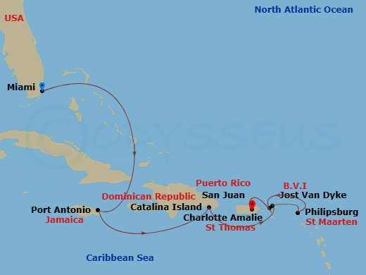 Route map: Miami → Ocho Rios → Isla Catalina → Jost Van Dyke → St. Maarten/Philipsburg → Charlotte Amalie (Saint Thomas) → San Juan