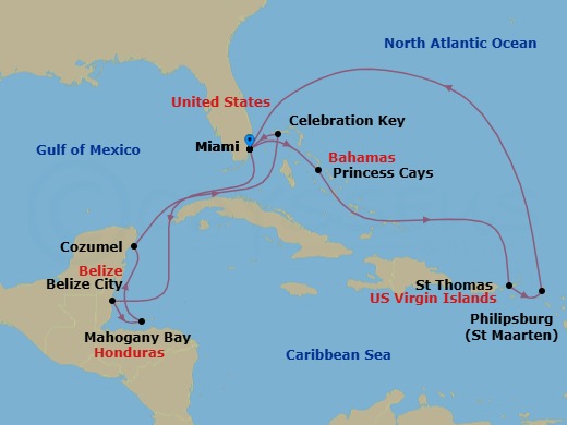 Route map: Miami, Florida → Princess Cays, Bahamas → St. Thomas, Virgin Islands → St. Maarten → Miami, Florida → Belize City, Belize → Roatan (Isla Tropicale), Honduras → Cozumel, Mexico → Celebration Key, Bahamas → Miami, Florida