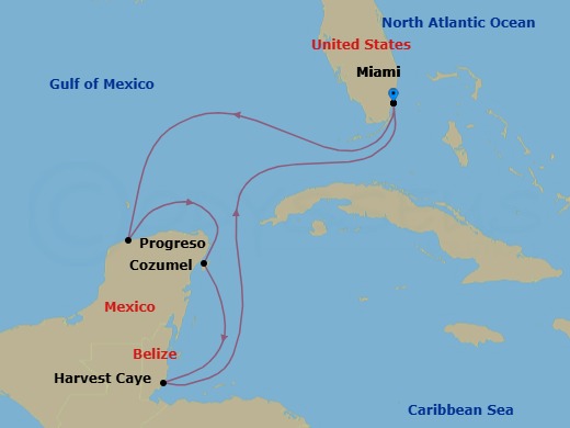 Route map: Miami → Progreso → Cozumel → Harvest Caye → Miami
